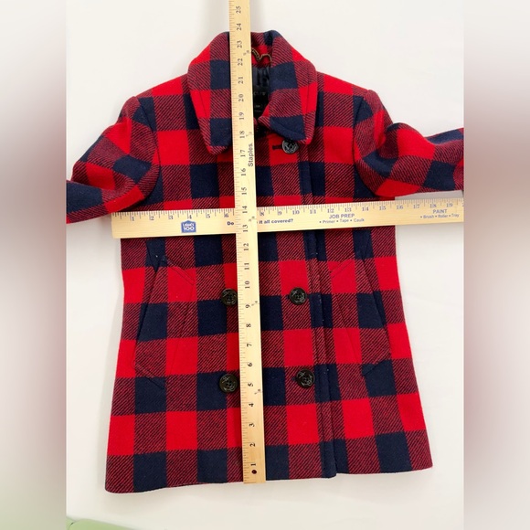 J. Crew Buffalo Plaid Wool Pea Coat Red & Navy Double Breasted Size 00P - Picture 3 of 12